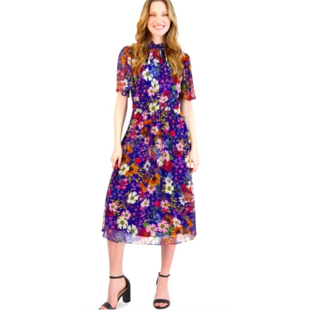 Julia Jordan Womens Navy Multi Floral Print Mock Neck Short‎ Sleeve Midi Dress 8